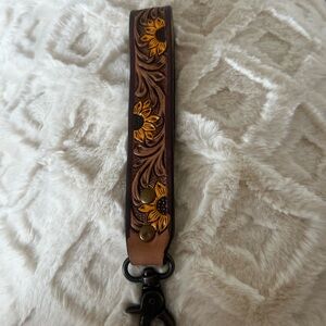 Handtooled Leather Keychain Wristlet with Sunflower Design - Brown & Yellow